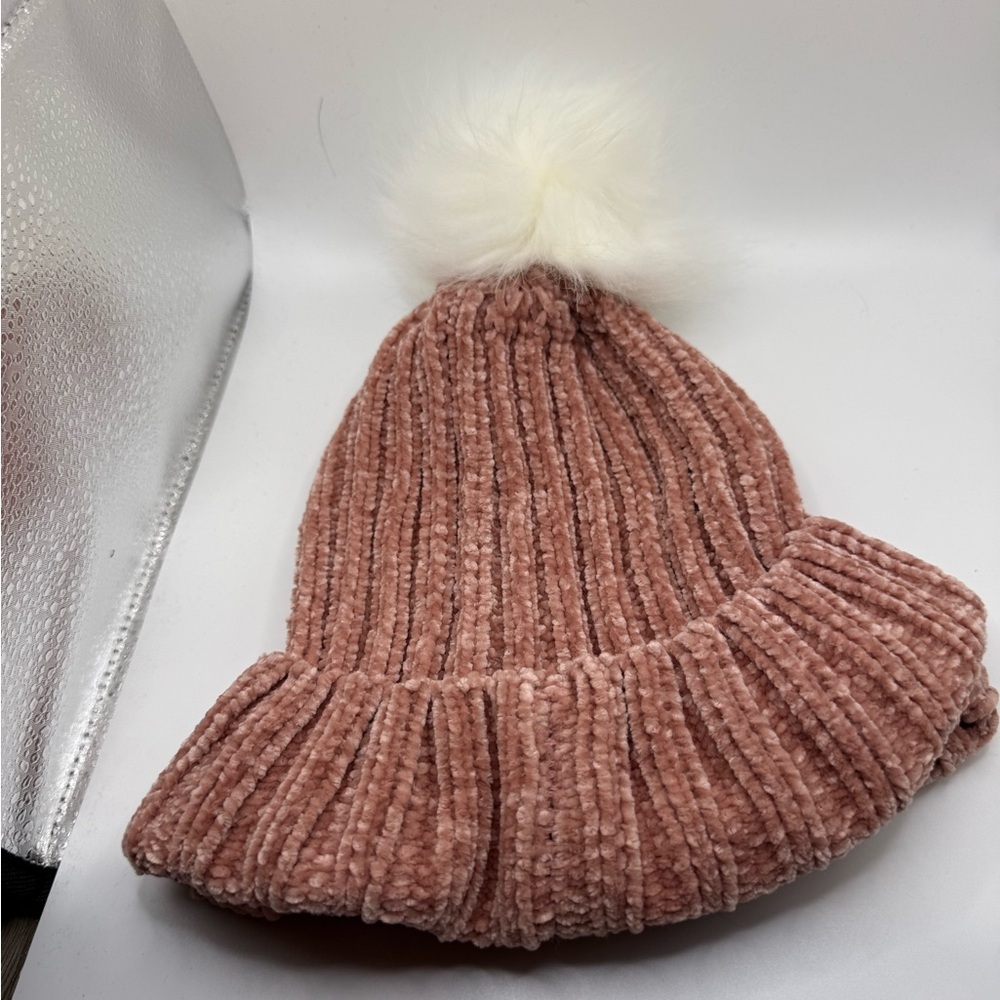 Pink Knit Beanie with Faux Fur Pom - Picture 5 of 5